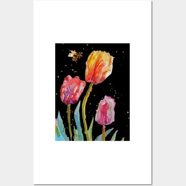 Tulip Flower Watercolor Painting and Bee on Black Wall Art by SarahRajkotwala